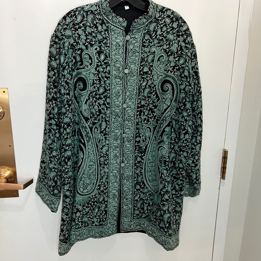 Exotic India Neutral-Gray Long Kashmiri Jacket with Ari Hand-Embroidered Paisley